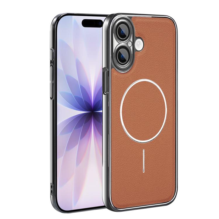 For iPhone 17 Electroplated Frame Vegan Leather Magnetic Shockproof Phone Case