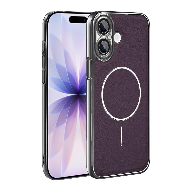 For iPhone 17 Electroplated Frame Vegan Leather Magnetic Shockproof Phone Case