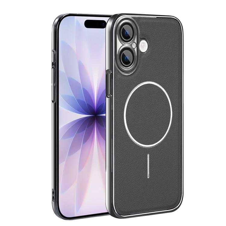 For iPhone 17 Electroplated Frame Vegan Leather Magnetic Shockproof Phone Case