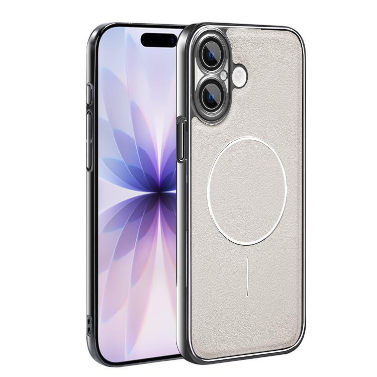 For iPhone 17 Electroplated Frame Vegan Leather Magnetic Shockproof Phone Case