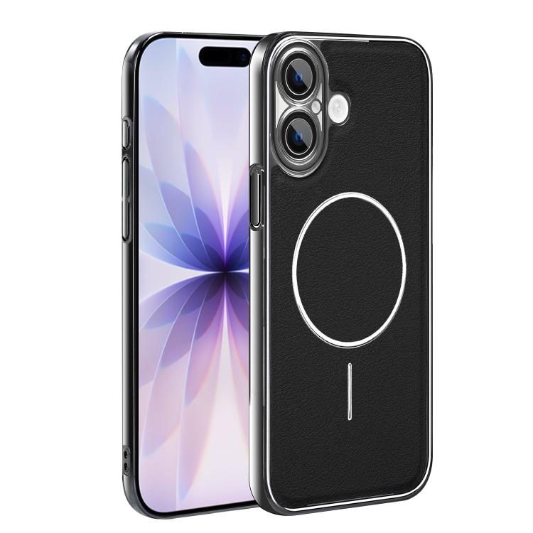 For iPhone 17 Electroplated Frame Vegan Leather Magnetic Shockproof Phone Case