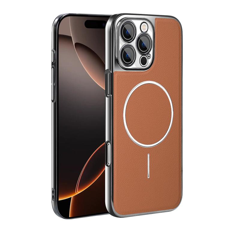 For iPhone 16 Pro Max Electroplated Frame Vegan Leather Magnetic Shockproof Phone Case