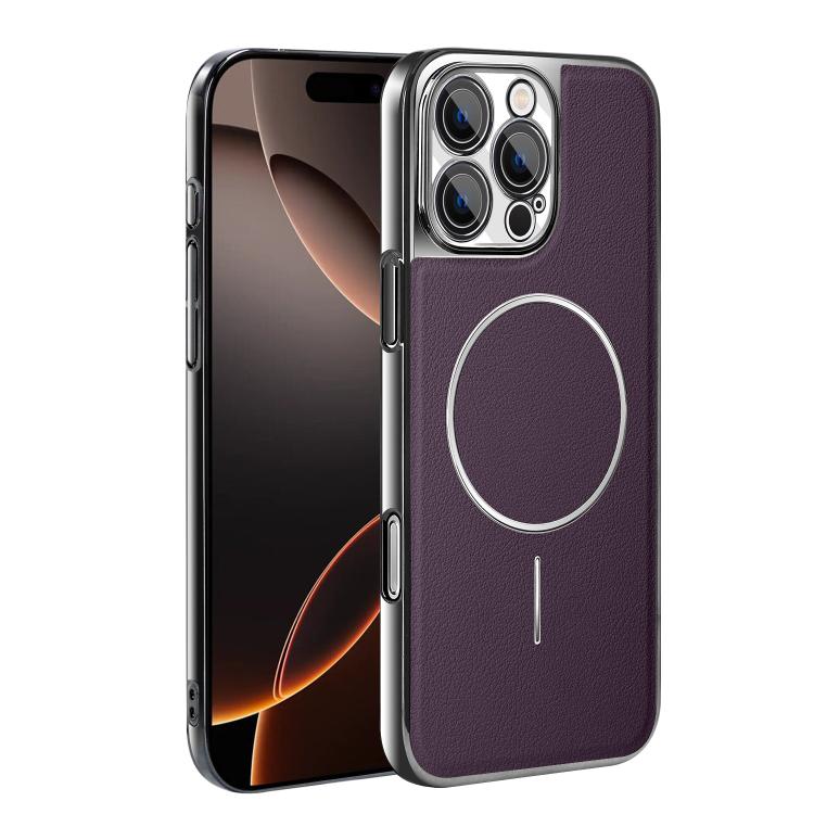 For iPhone 16 Pro Max Electroplated Frame Vegan Leather Magnetic Shockproof Phone Case