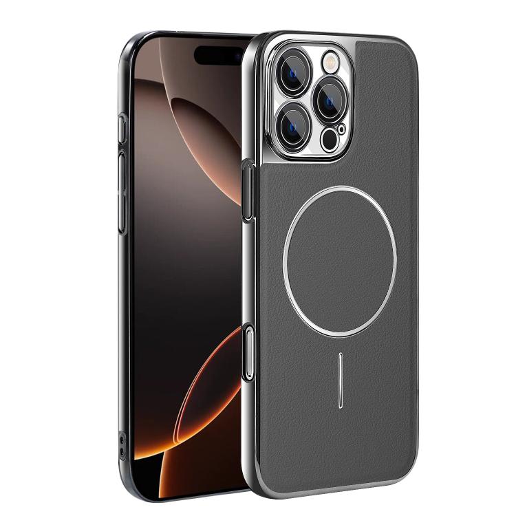 For iPhone 16 Pro Max Electroplated Frame Vegan Leather Magnetic Shockproof Phone Case