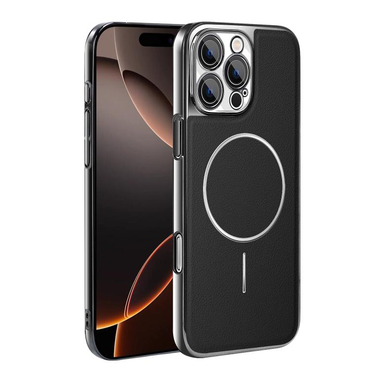 For iPhone 16 Pro Max Electroplated Frame Vegan Leather Magnetic Shockproof Phone Case