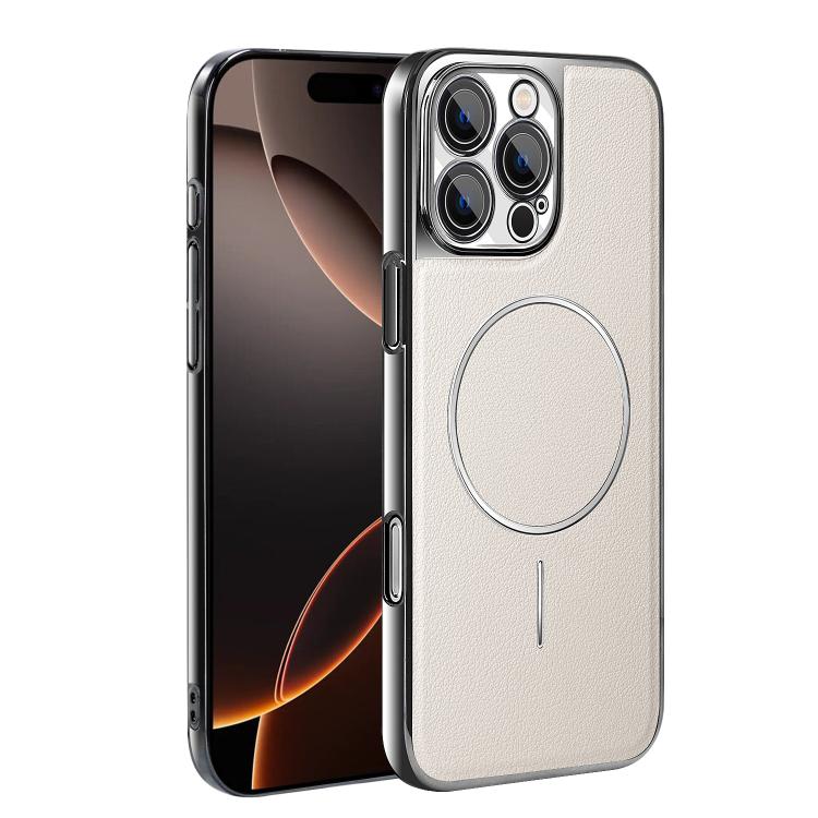 For iPhone 16 Pro Electroplated Frame Vegan Leather Magnetic Shockproof Phone Case