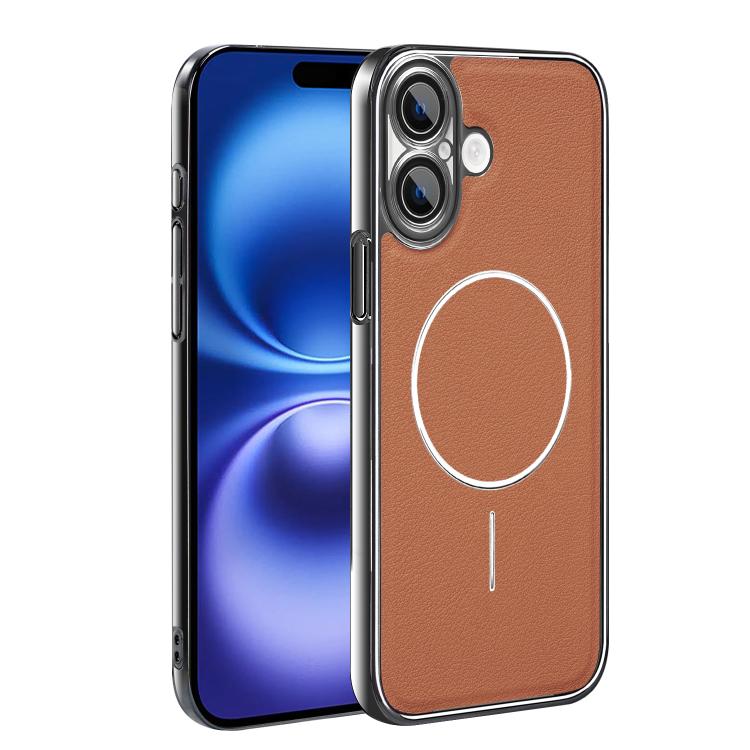 For iPhone 16 Plus Electroplated Frame Vegan Leather Magnetic Shockproof Phone Case