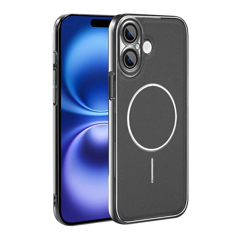 For iPhone 16 Plus Electroplated Frame Vegan Leather Magnetic Shockproof Phone Case