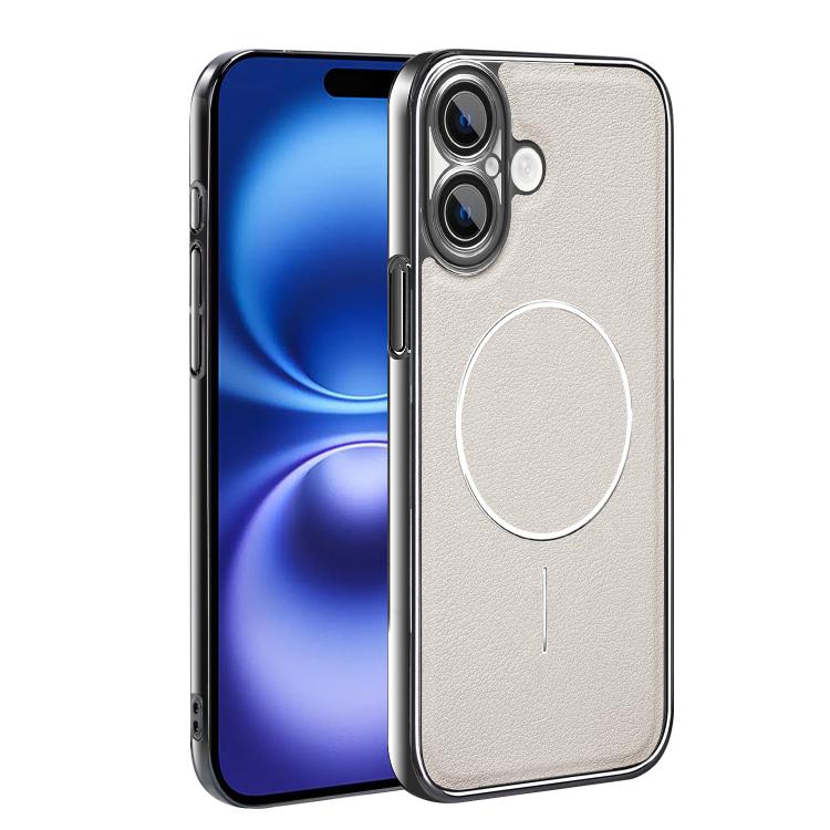 For iPhone 16 Electroplated Frame Vegan Leather Magnetic Shockproof Phone Case