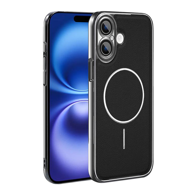 For iPhone 16 Electroplated Frame Vegan Leather Magnetic Shockproof Phone Case
