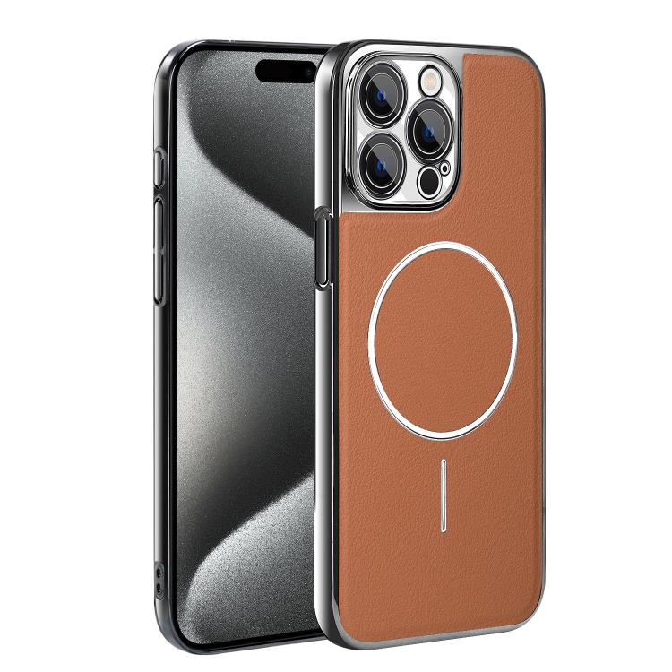 For iPhone 15 Pro Max Electroplated Frame Vegan Leather Magnetic Shockproof Phone Case