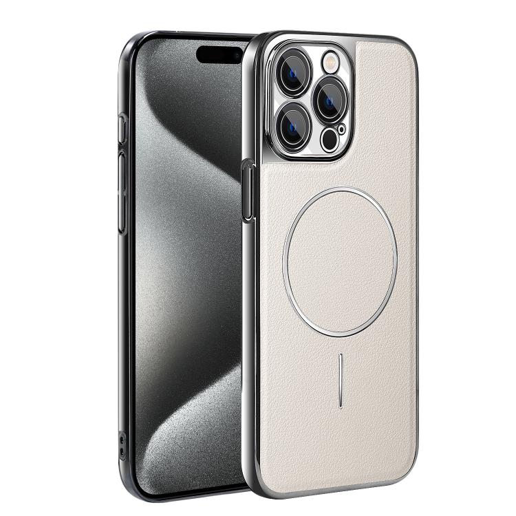 For iPhone 15 Pro Max Electroplated Frame Vegan Leather Magnetic Shockproof Phone Case