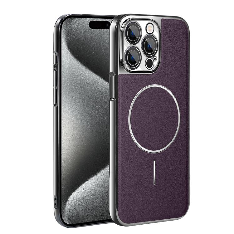 For iPhone 15 Pro Electroplated Frame Vegan Leather Magnetic Shockproof Phone Case