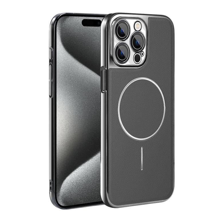 For iPhone 15 Pro Electroplated Frame Vegan Leather Magnetic Shockproof Phone Case