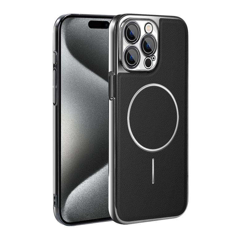 For iPhone 15 Pro Electroplated Frame Vegan Leather Magnetic Shockproof Phone Case