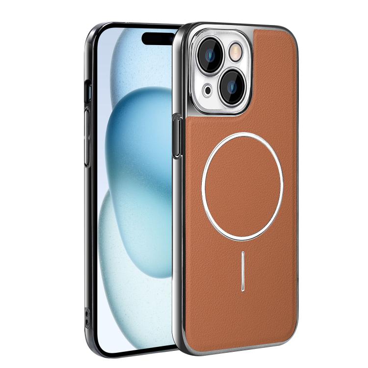 For iPhone 15 Electroplated Frame Vegan Leather Magnetic Shockproof Phone Case