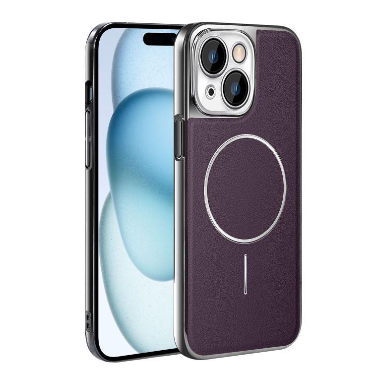 For iPhone 15 Electroplated Frame Vegan Leather Magnetic Shockproof Phone Case