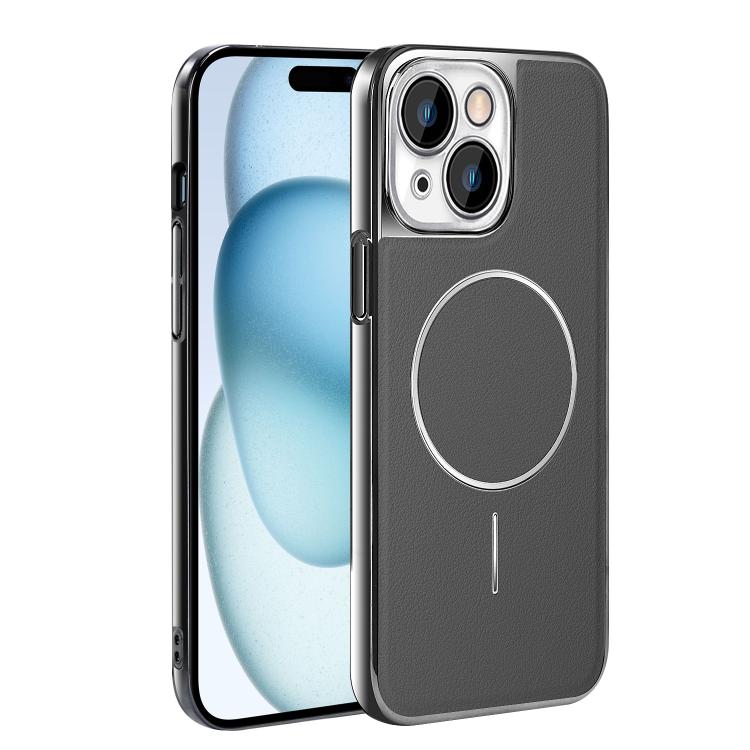 For iPhone 15 Electroplated Frame Vegan Leather Magnetic Shockproof Phone Case