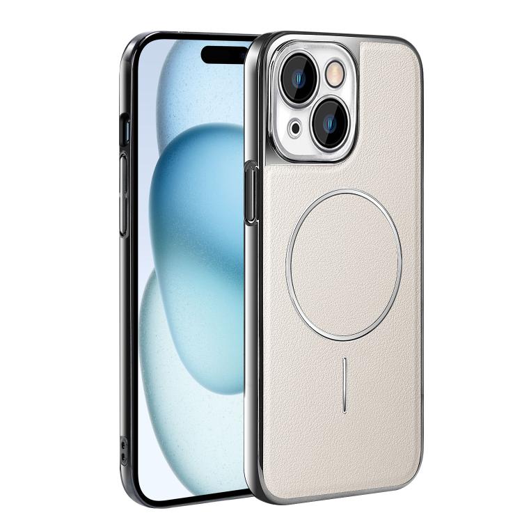 For iPhone 15 Electroplated Frame Vegan Leather Magnetic Shockproof Phone Case