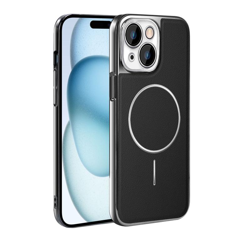 For iPhone 15 Electroplated Frame Vegan Leather Magnetic Shockproof Phone Case