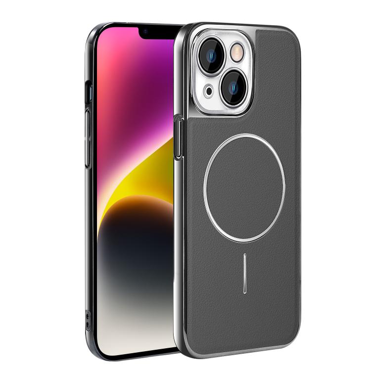 For iPhone 14 Plus Electroplated Frame Vegan Leather Magnetic Shockproof Phone Case
