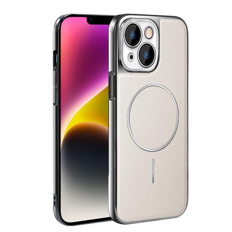 For iPhone 14 Plus Electroplated Frame Vegan Leather Magnetic Shockproof Phone Case