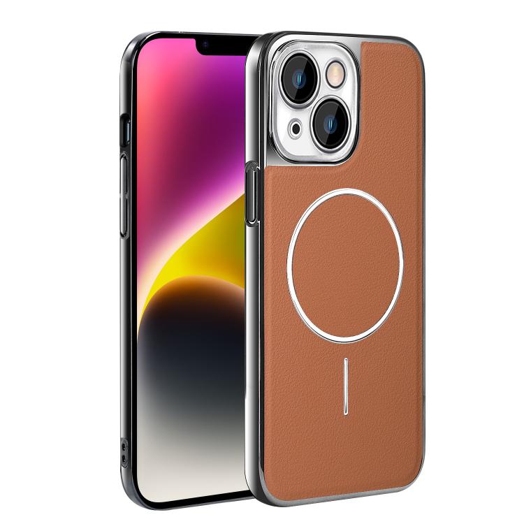 For iPhone 14 Electroplated Frame Vegan Leather Magnetic Shockproof Phone Case