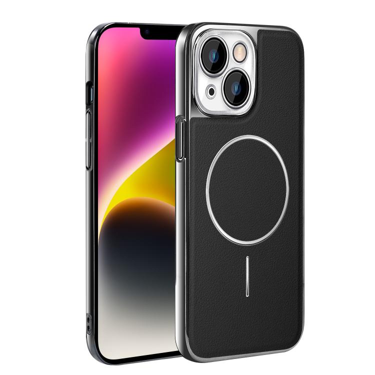 For iPhone 14 Electroplated Frame Vegan Leather Magnetic Shockproof Phone Case