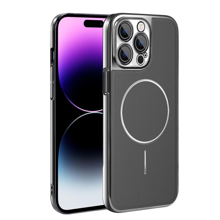 For iPhone 14 Pro Electroplated Frame Vegan Leather Magnetic Shockproof Phone Case