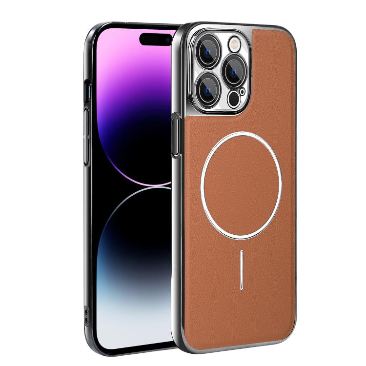 For iPhone 14 Pro Max Electroplated Frame Vegan Leather Magnetic Shockproof Phone Case