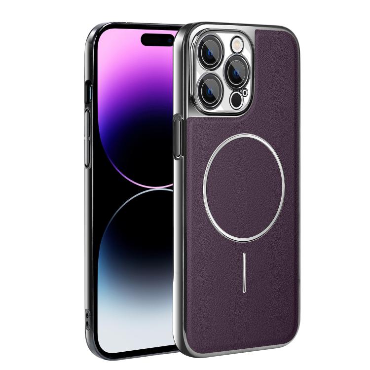 For iPhone 14 Pro Max Electroplated Frame Vegan Leather Magnetic Shockproof Phone Case