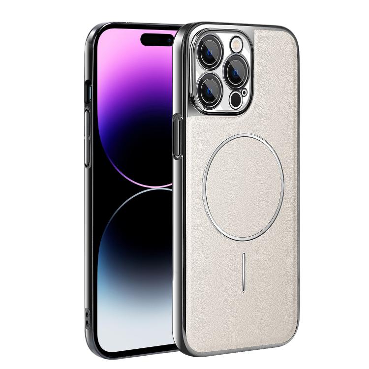 For iPhone 14 Pro Max Electroplated Frame Vegan Leather Magnetic Shockproof Phone Case
