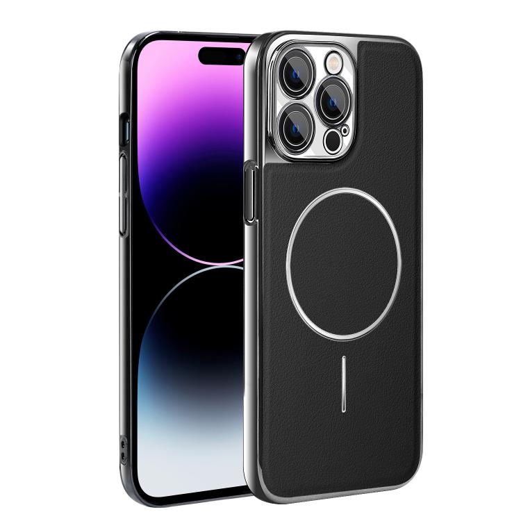 For iPhone 14 Pro Max Electroplated Frame Vegan Leather Magnetic Shockproof Phone Case