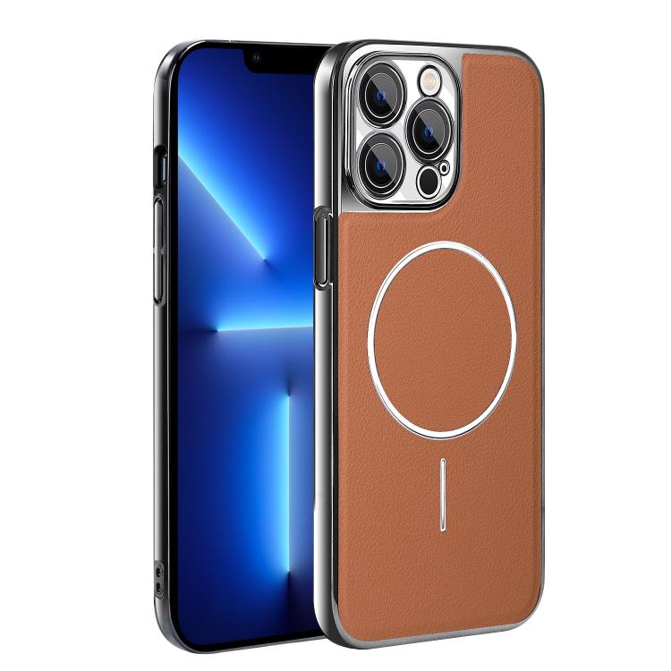 For iPhone 13 Pro Max Electroplated Frame Vegan Leather Magnetic Shockproof Phone Case