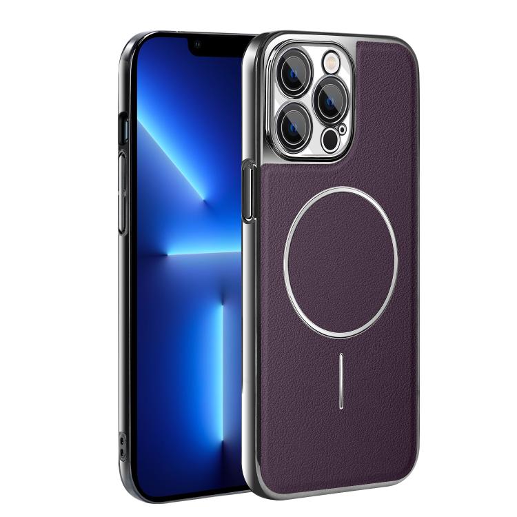 For iPhone 13 Pro Max Electroplated Frame Vegan Leather Magnetic Shockproof Phone Case
