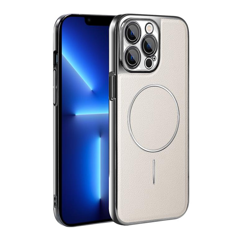For iPhone 13 Pro Max Electroplated Frame Vegan Leather Magnetic Shockproof Phone Case
