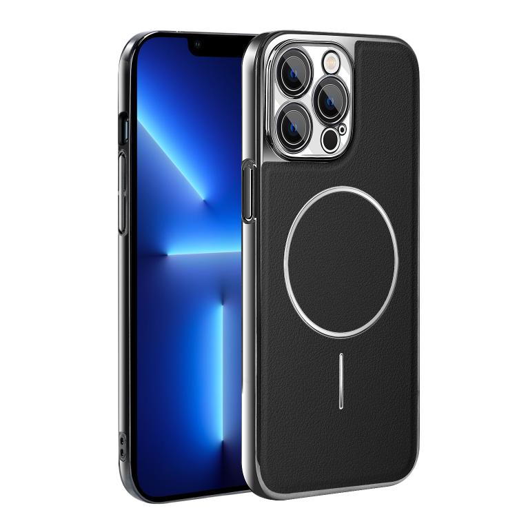 For iPhone 13 Pro Max Electroplated Frame Vegan Leather Magnetic Shockproof Phone Case