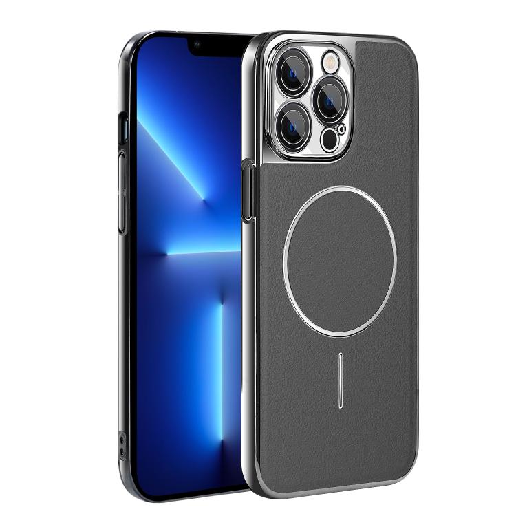 For iPhone 13 Pro Electroplated Frame Vegan Leather Magnetic Shockproof Phone Case