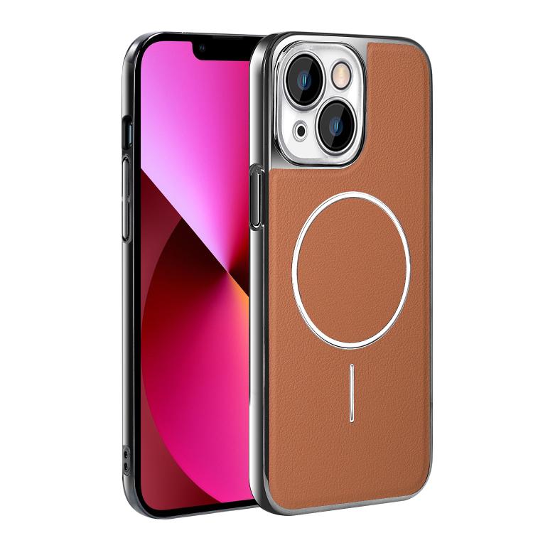 For iPhone 13 Electroplated Frame Vegan Leather Magnetic Shockproof Phone Case
