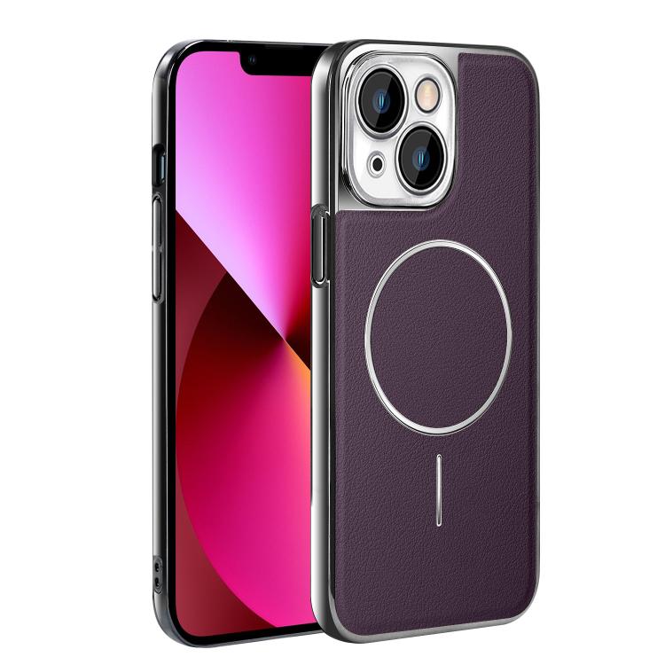 For iPhone 13 Electroplated Frame Vegan Leather Magnetic Shockproof Phone Case