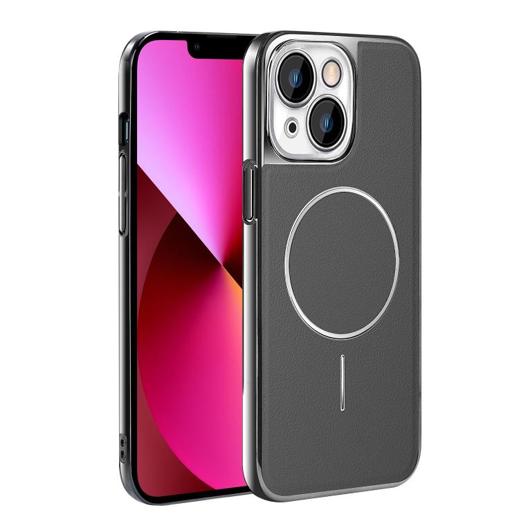 For iPhone 13 Electroplated Frame Vegan Leather Magnetic Shockproof Phone Case
