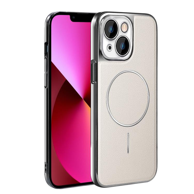 For iPhone 13 Electroplated Frame Vegan Leather Magnetic Shockproof Phone Case