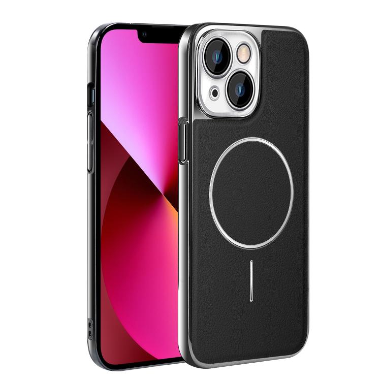 For iPhone 13 Electroplated Frame Vegan Leather Magnetic Shockproof Phone Case