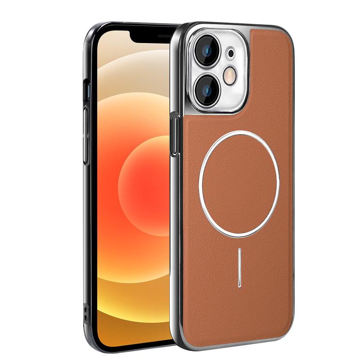 For iPhone 12 Electroplated Frame Vegan Leather Magnetic Shockproof Phone Case