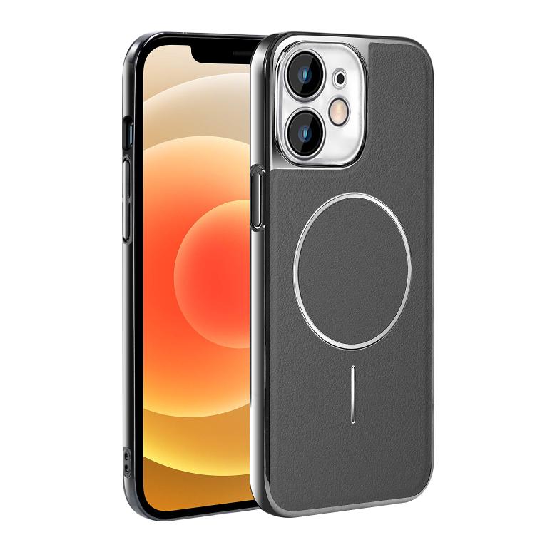 For iPhone 12 Electroplated Frame Vegan Leather Magnetic Shockproof Phone Case