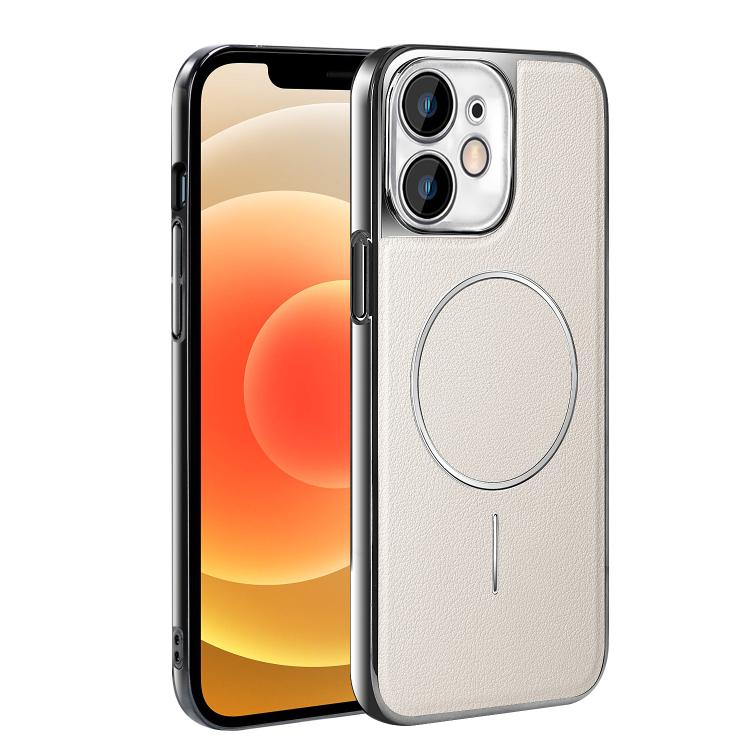 For iPhone 12 Electroplated Frame Vegan Leather Magnetic Shockproof Phone Case