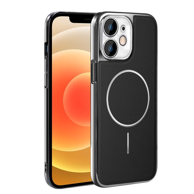 For iPhone 12 Electroplated Frame Vegan Leather Magnetic Shockproof Phone Case