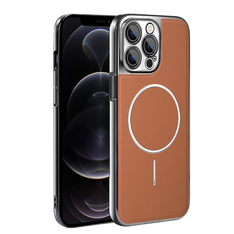 For iPhone 12 Pro Max Electroplated Frame Vegan Leather Magnetic Shockproof Phone Case