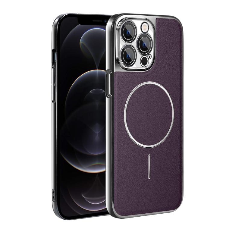 For iPhone 12 Pro Max Electroplated Frame Vegan Leather Magnetic Shockproof Phone Case