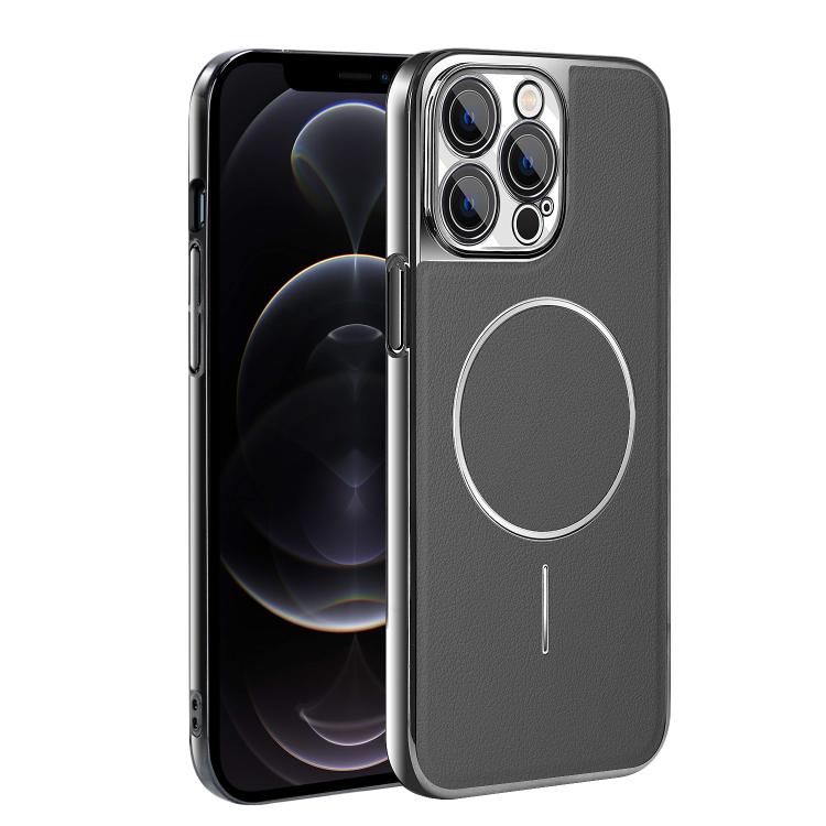 For iPhone 12 Pro Max Electroplated Frame Vegan Leather Magnetic Shockproof Phone Case